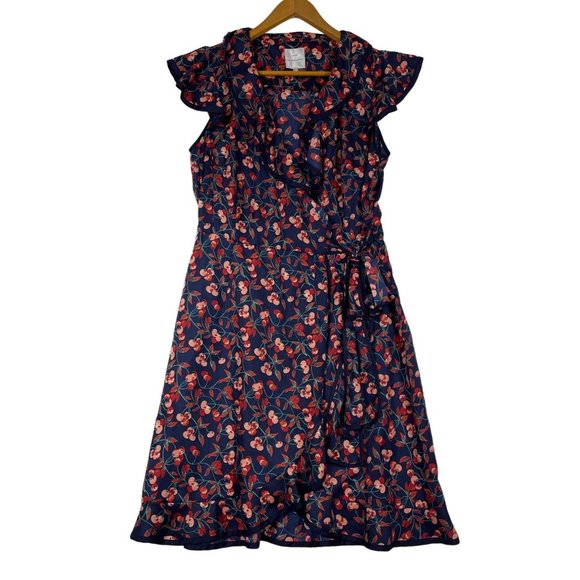 Anthropologie Hey There Cereja Cherry Print Faux Wrap Dress Size 6 Blue Satin - Picture 2 of 15